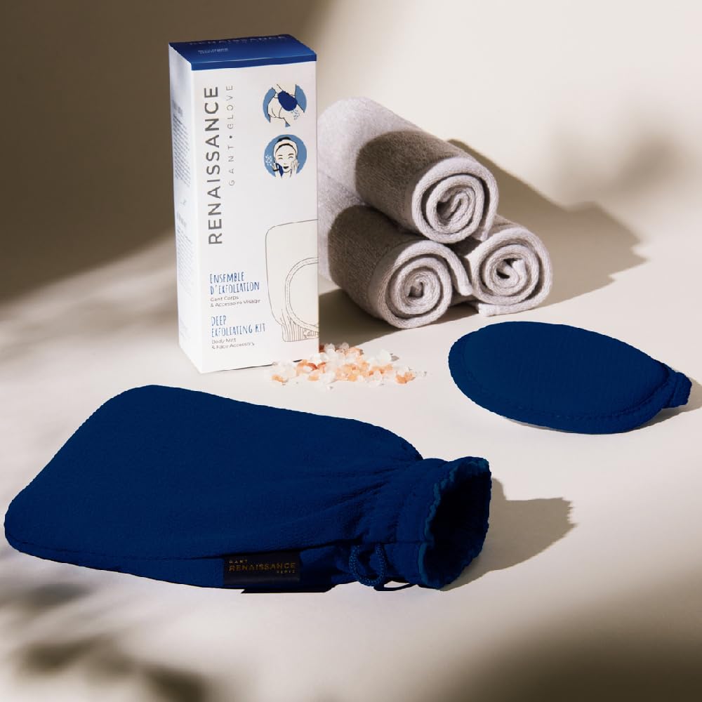 Renaissance Glove a body Exfoliating Mitt with face scrubbing accessory by Daniele Henkel – Vegan more effective & resistant than a loofah, brush or scrub sponge bath -100% natural (Zenith Blue)