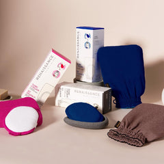 Renaissance Glove a body Exfoliating Mitt with face scrubbing accessory by Daniele Henkel – Vegan more effective & resistant than a loofah, brush or scrub sponge bath -100% natural (Zenith Blue)