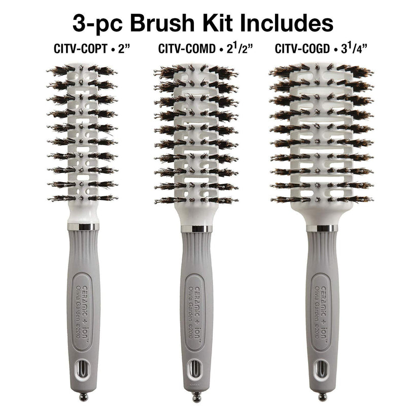 Olivia Garden Ceramic + Ion Turbo Vent Combo Hair Brush (ionic & 100% boar bristles) (3-piece kit: CITV-COPT, CITV-COMD, CITV-COGD)