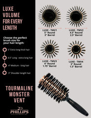 Phillips Brush Luxe Tourmaline Monster Vent 1 Professional Hair Brush (5” Diameter Barrel) - Vented Hairbrush Nylon Reinforced Boar Hair Bristles, Sleek Rose Gold & Black Color