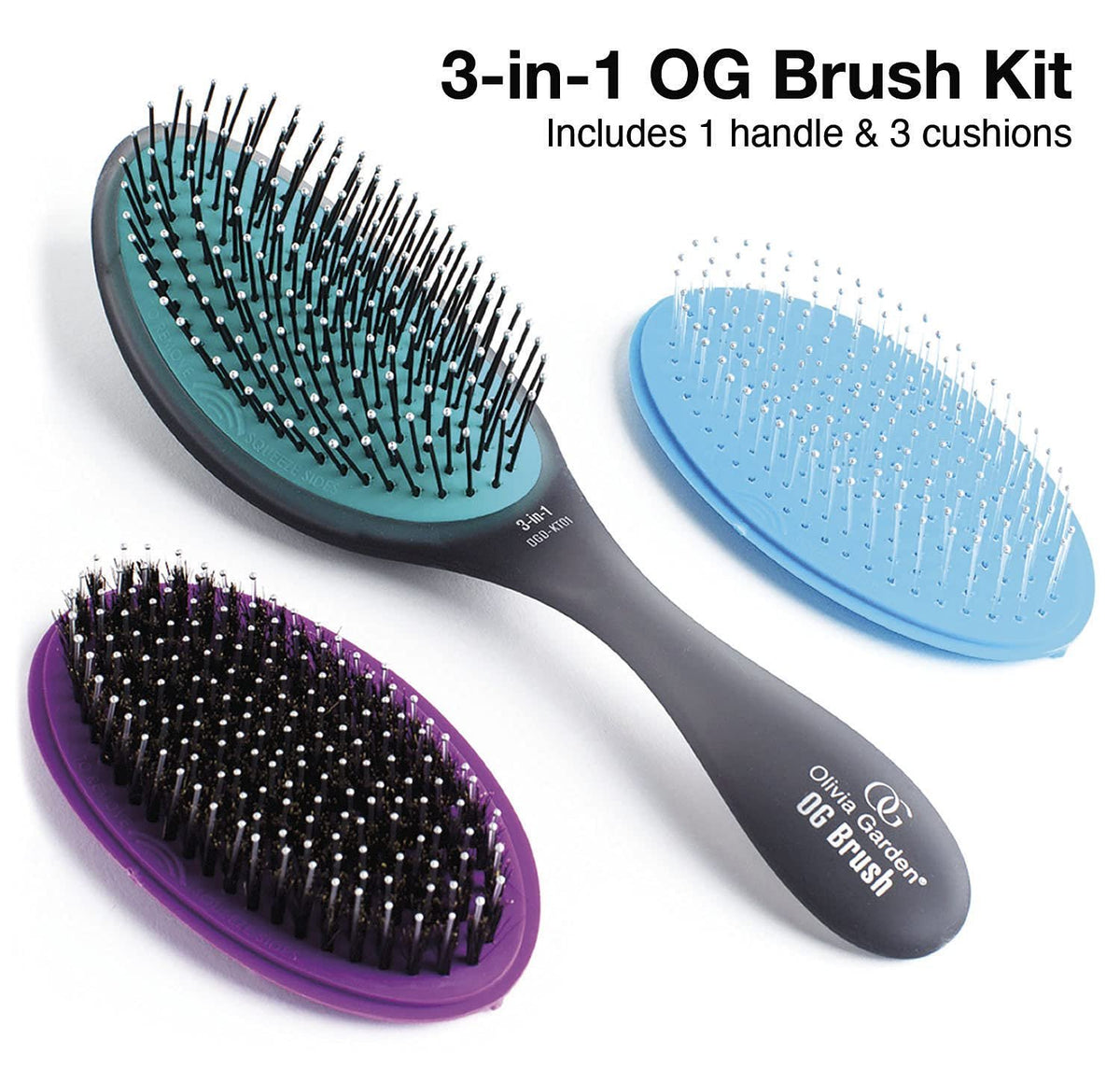 Olivia Garden OG Brush Detangler, removable cushion, scalp hugging shape massages the scalp, for wet or dry hair, for women, men and children, Fine to Medium hair, Black