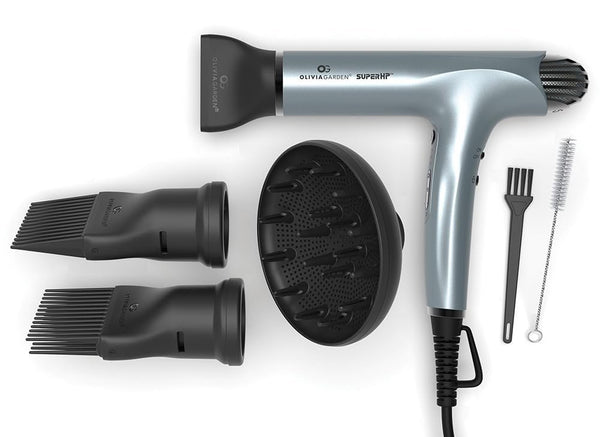 Olivia Garden SuperHP high Performance Professional Hair Dryer Long Lasting brushless Motor, Very Lightweight, Quiet and Powerful with 4 attachments